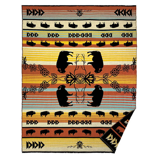 Lac Seul First Nation Art Woven Throw Blanket - Buffaloes (MashkodeBiizhikina) by Storm Angeconeb