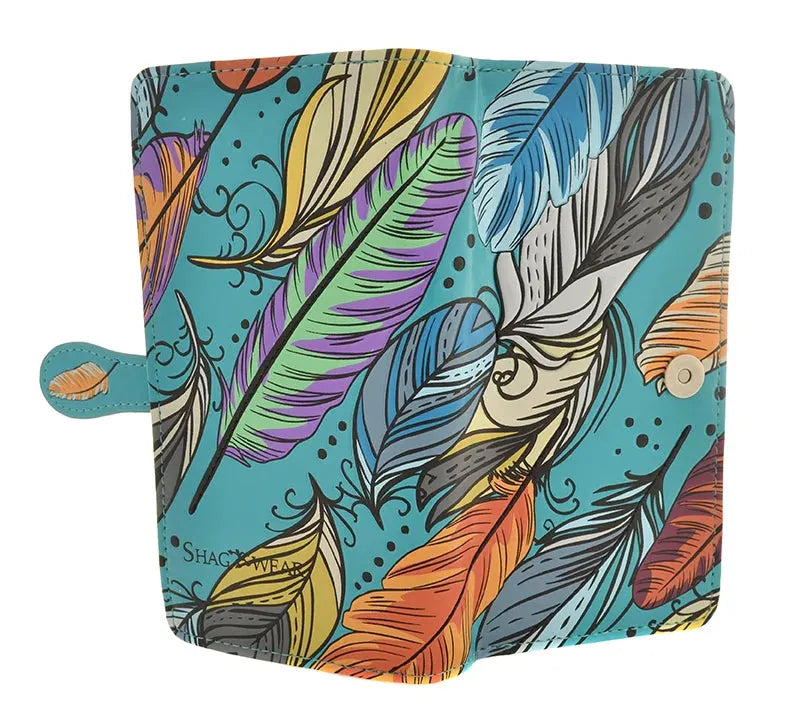 Teal-Colored Large Wallet with Feather Pattern and Zipper - Chic Meadow Boutique 