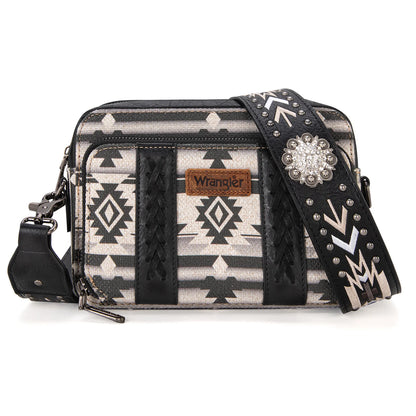 Wrangler Aztec Printed Crossbody Purse With Wallet Compartment - Black