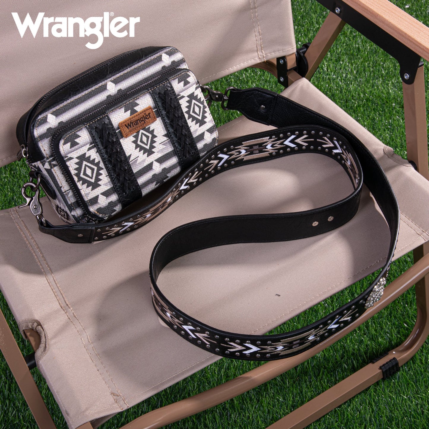 Wrangler Aztec Printed Crossbody Purse With Wallet Compartment - Black