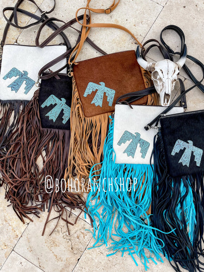 THUNDERBIRD COWHIDE CROSSBODY tooled Leather Cowhide Clutch - Chic Meadow Boutique 