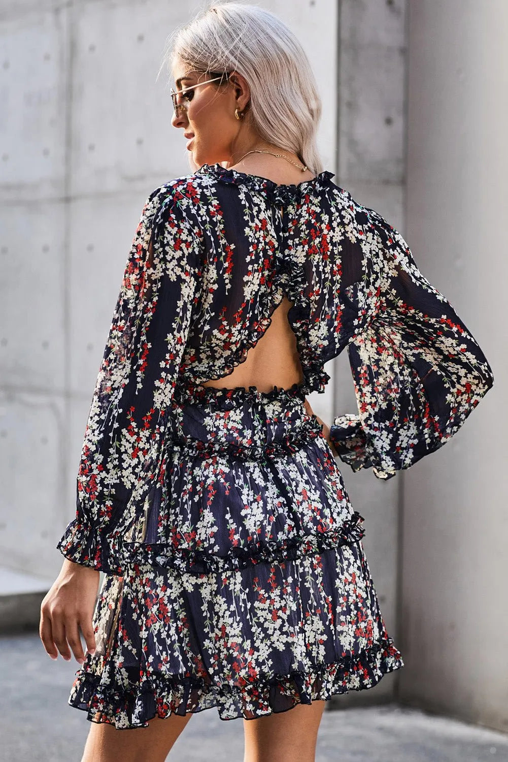 Blue Bohemian Floral Dress with Ruffle Detailing and Open Back - Chic Meadow Boutique 