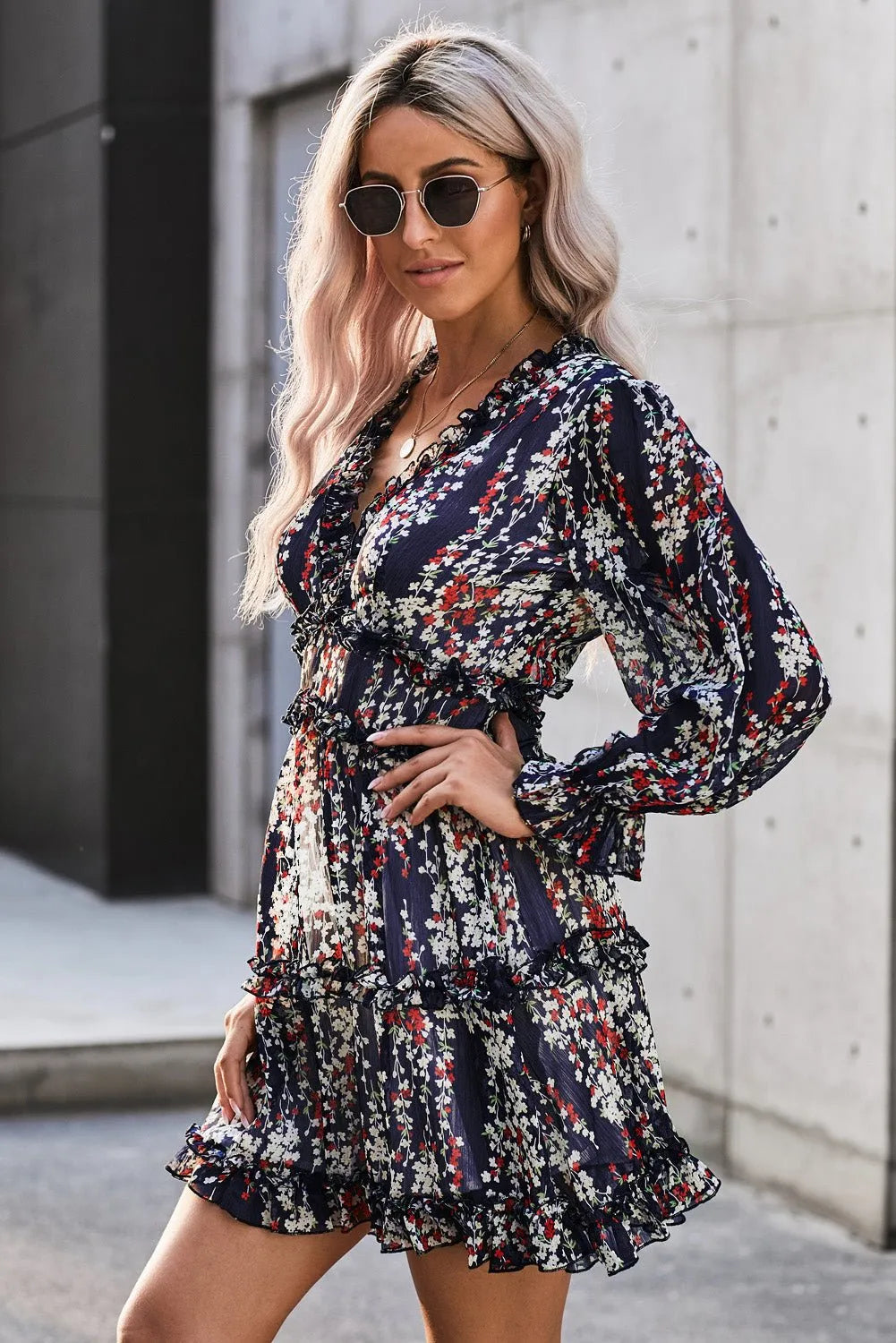 Blue Bohemian Floral Dress with Ruffle Detailing and Open Back - Chic Meadow Boutique 