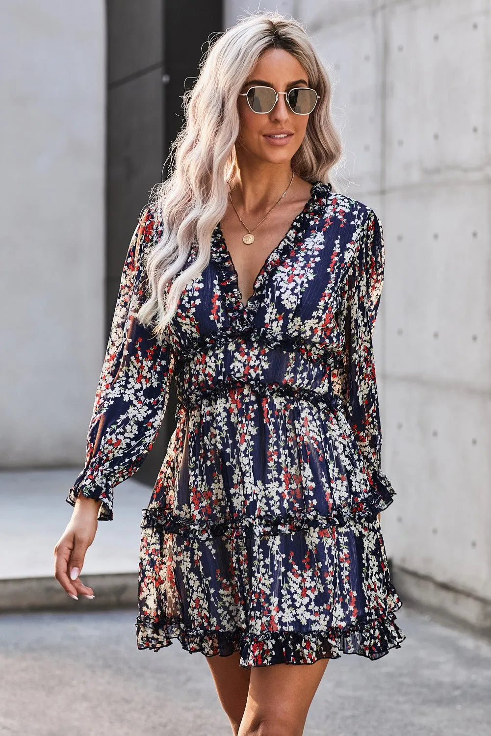 Blue Bohemian Floral Dress with Ruffle Detailing and Open Back - Chic Meadow Boutique 