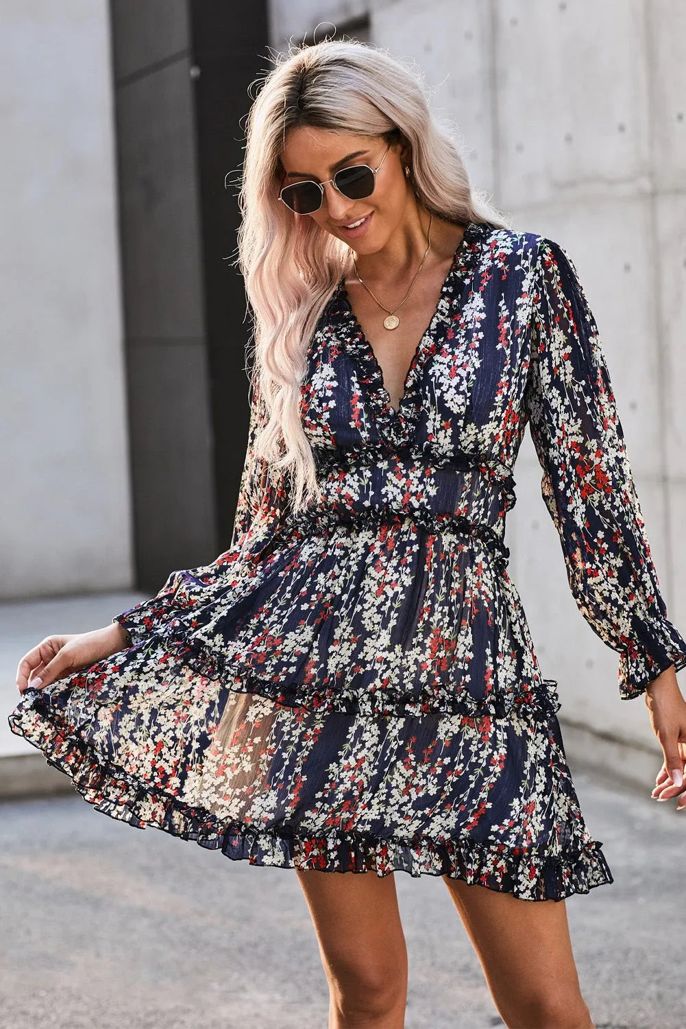 Blue Bohemian Floral Dress with Ruffle Detailing and Open Back - Chic Meadow Boutique 