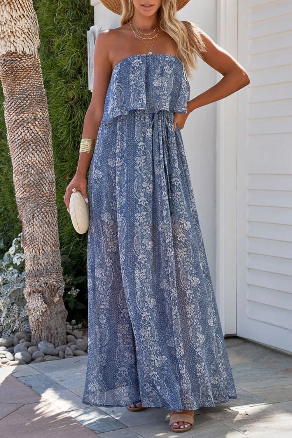 Blue Boho Print Tassel Tie Maxi Tube Top Dress - Chic Meadow Boutique 