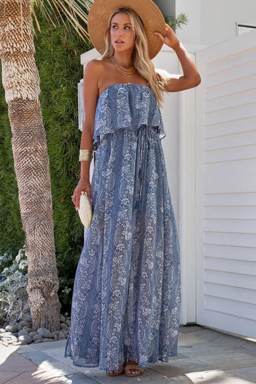 Blue Boho Print Tassel Tie Maxi Tube Top Dress - Chic Meadow Boutique 