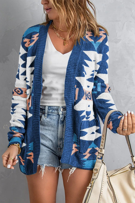 Blue Moraga Pocketed Aztec Cardigan - Chic Meadow Boutique 