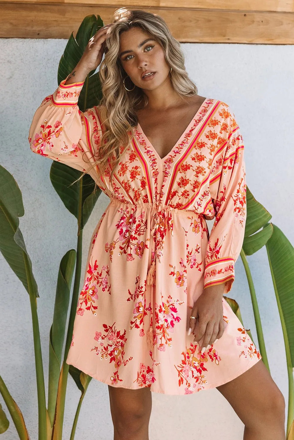 Bohemian Floral Tassel Drawstring Kimono Dress in Orange - Chic Meadow Boutique 