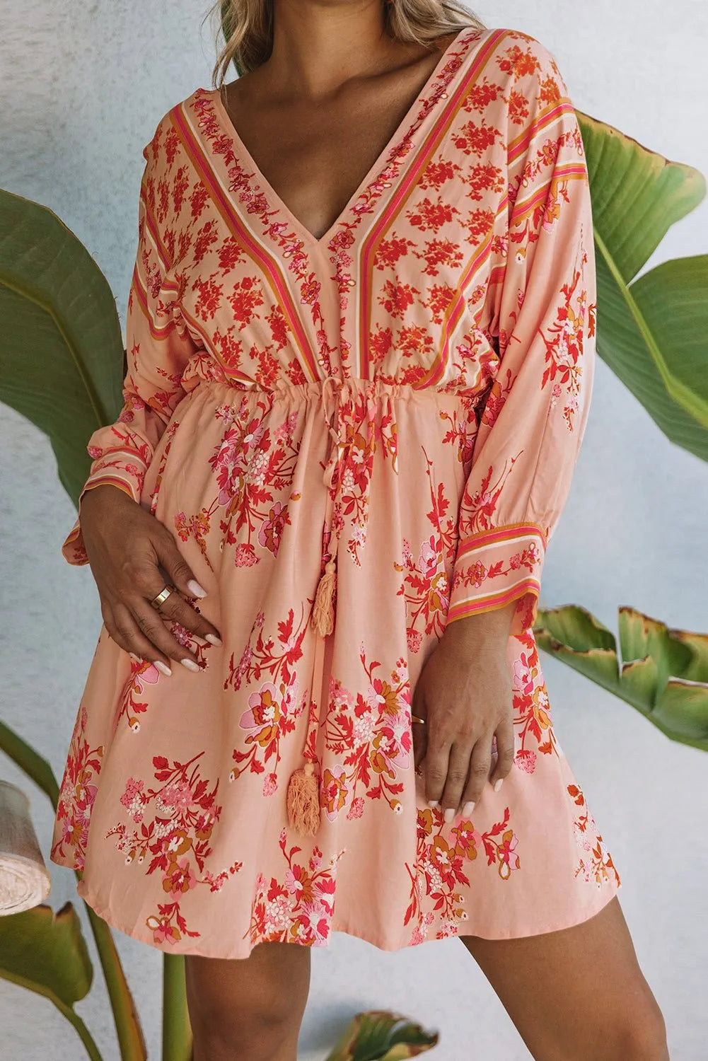 Bohemian Floral Tassel Drawstring Kimono Dress in Orange - Chic Meadow Boutique 