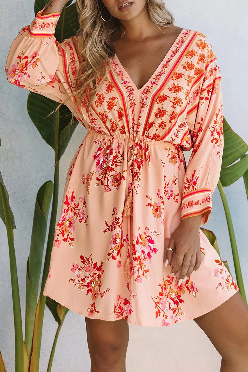 Bohemian Floral Tassel Drawstring Kimono Dress in Orange - Chic Meadow Boutique 