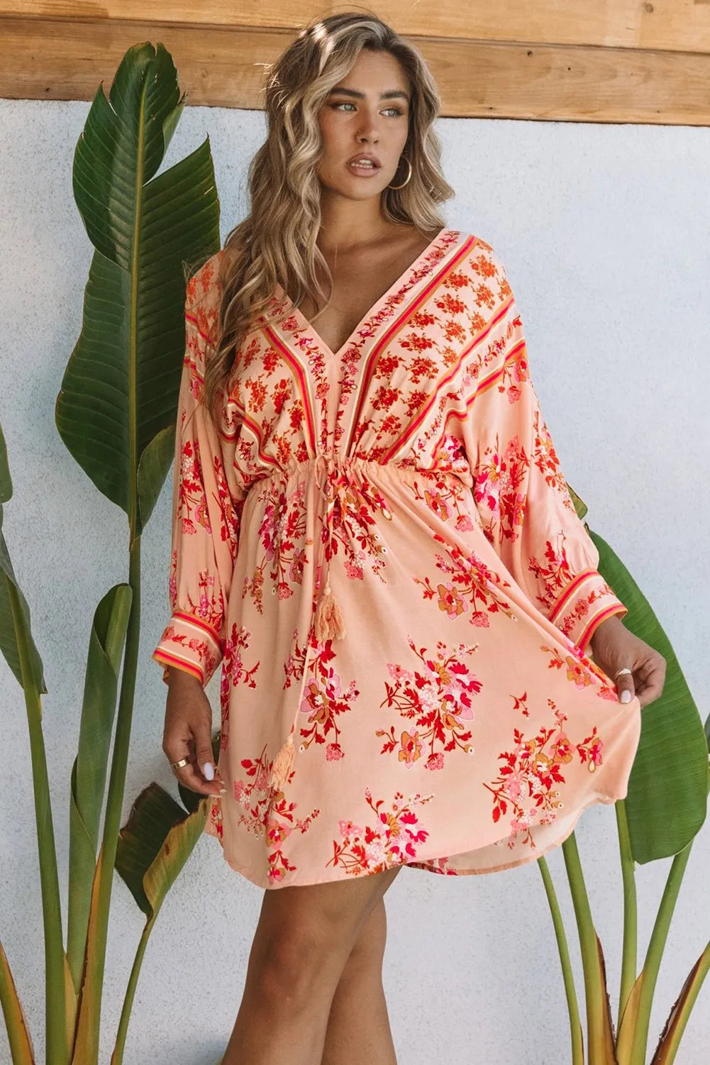 Bohemian Floral Tassel Drawstring Kimono Dress in Orange - Chic Meadow Boutique 