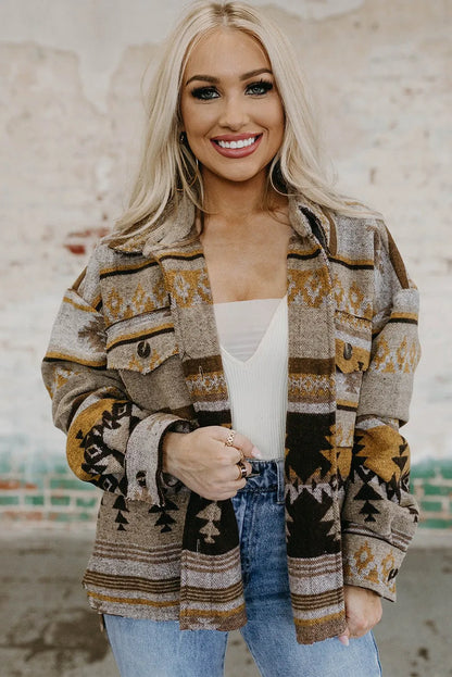 Brown Western Aztec Print Shacket - Chic Meadow Boutique 