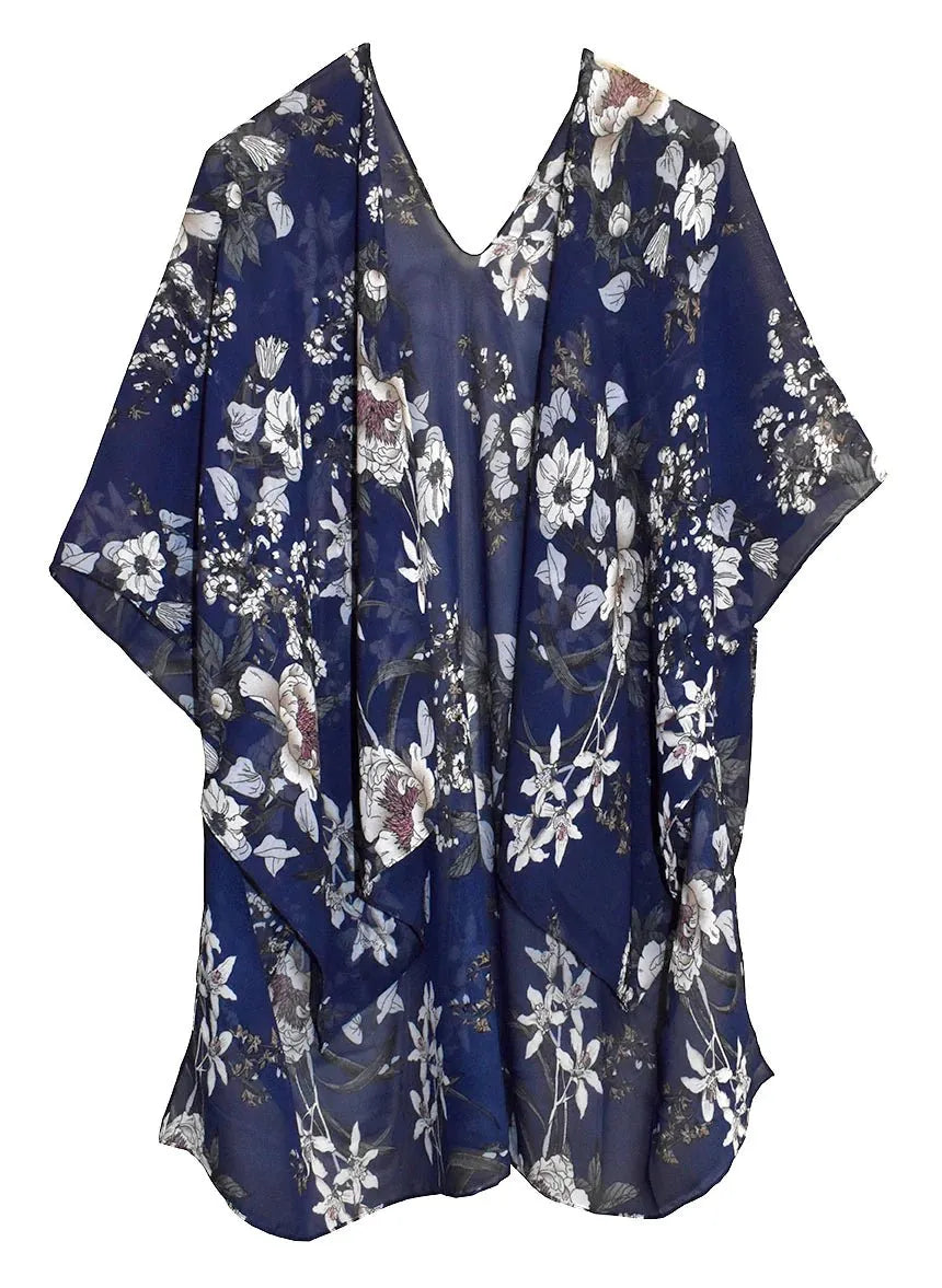 Dark Blue Floral Kimono Shawl 28" Length - Chic Meadow Boutique