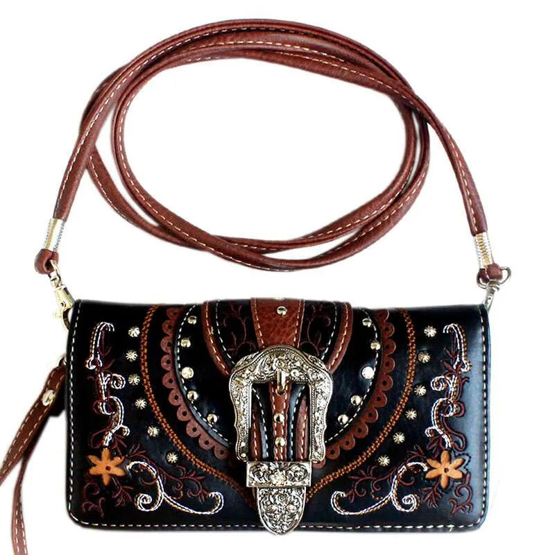 Floral Embroidery Leather Rhinestone Studs Buckle Wallet – Black - Chic Meadow Boutique 