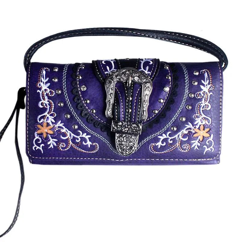 Purse Floral Embroidery Leather Rhinestone Studs Buckle Wallet – Purple