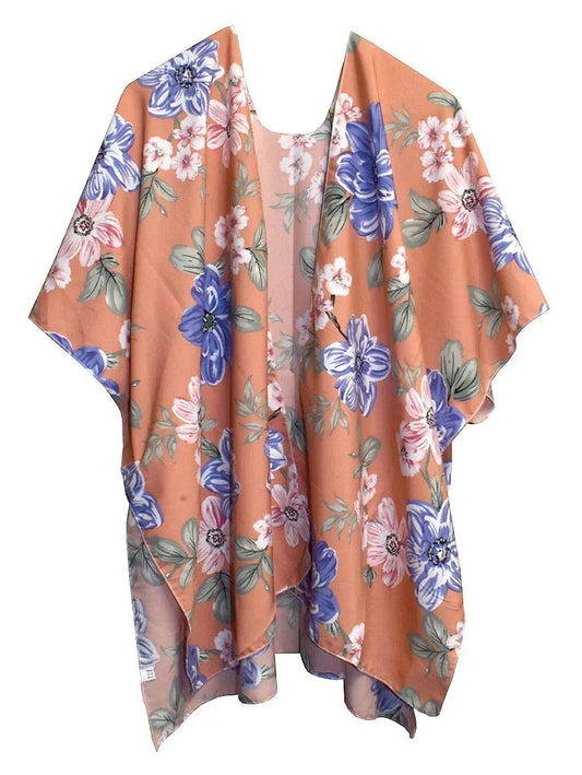 Floral Orange Blue Kimono Shawl - Chic Meadow Boutique 