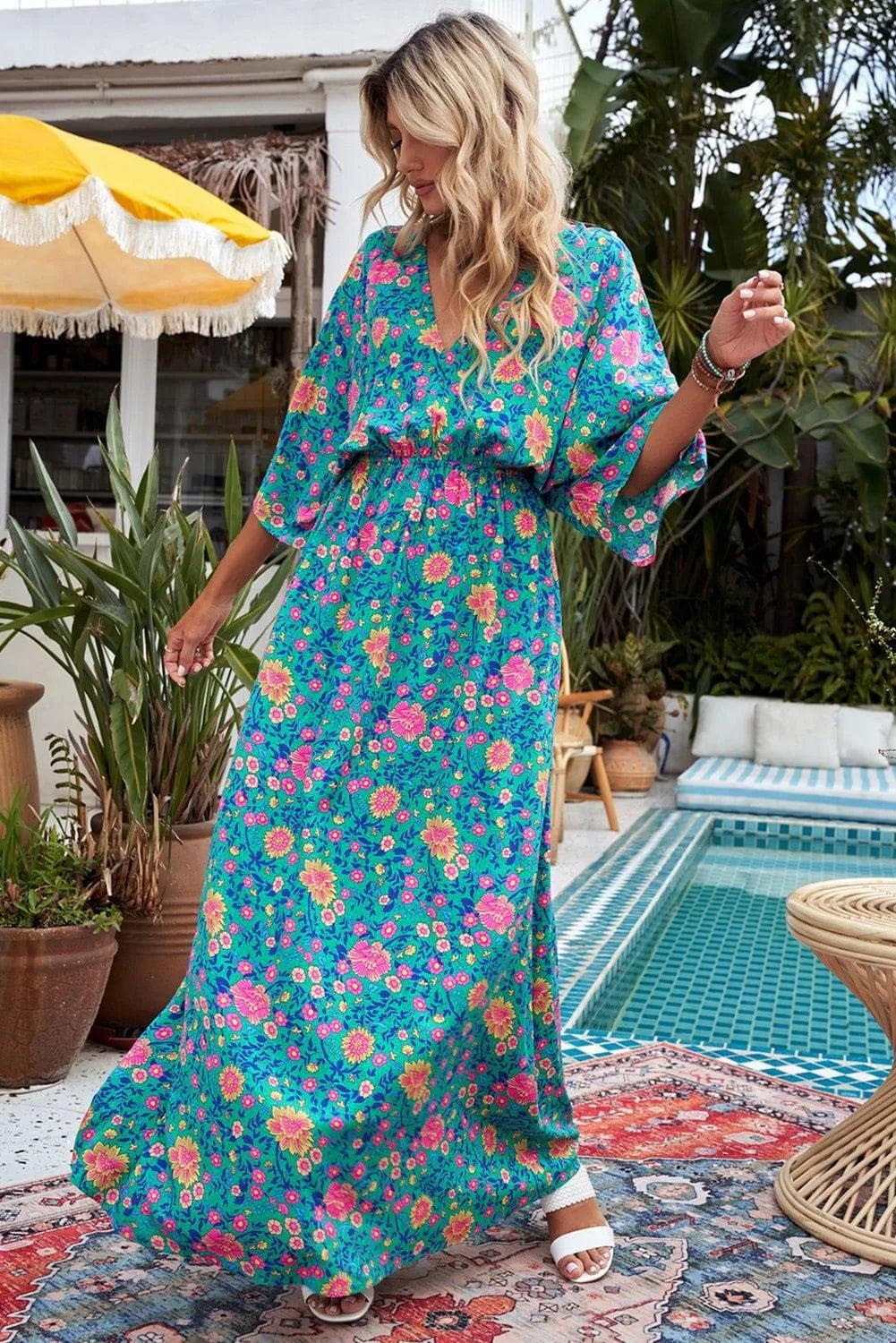 Dress Green Boho Deep V Neck Floral Maxi Dress