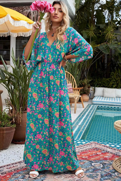 Dress Green Boho Deep V Neck Floral Maxi Dress