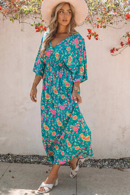 Green Boho Deep V Neck Floral Maxi Dress - Chic Meadow Boutique 