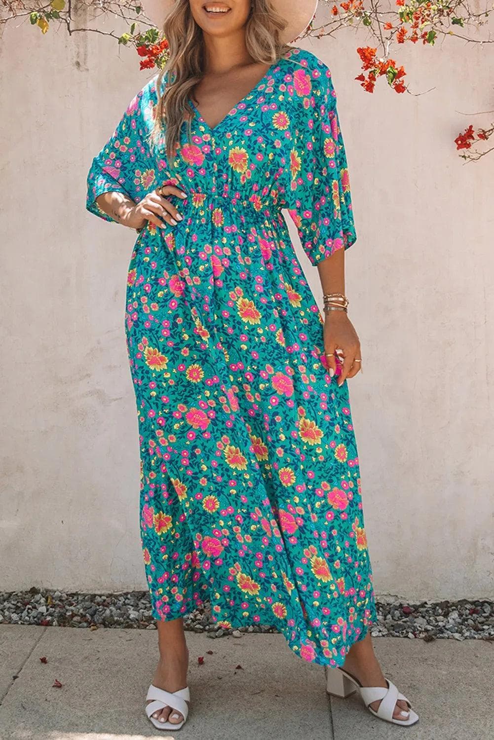 Dress Green Boho Deep V Neck Floral Maxi Dress