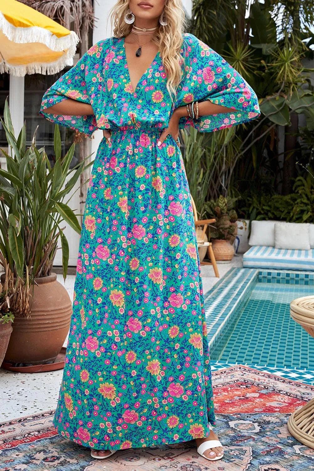 Dress Green Boho Deep V Neck Floral Maxi Dress