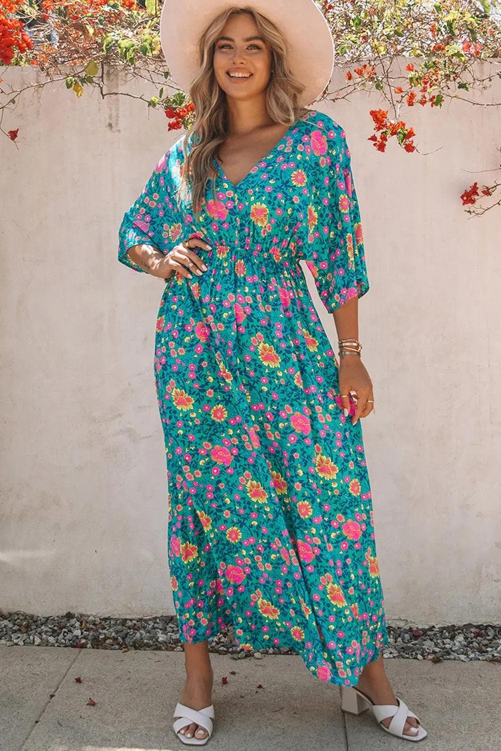 Dress Green Boho Deep V Neck Floral Maxi Dress