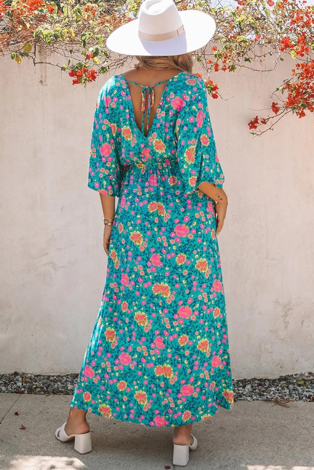 Dress Green Boho Deep V Neck Floral Maxi Dress