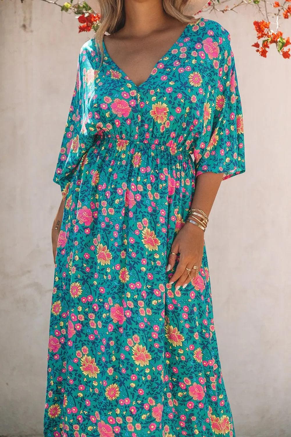 Dress Green Boho Deep V Neck Floral Maxi Dress