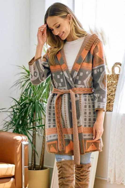 Cardigan Grey and Orange Aztec Pattern Hooded Cardigan