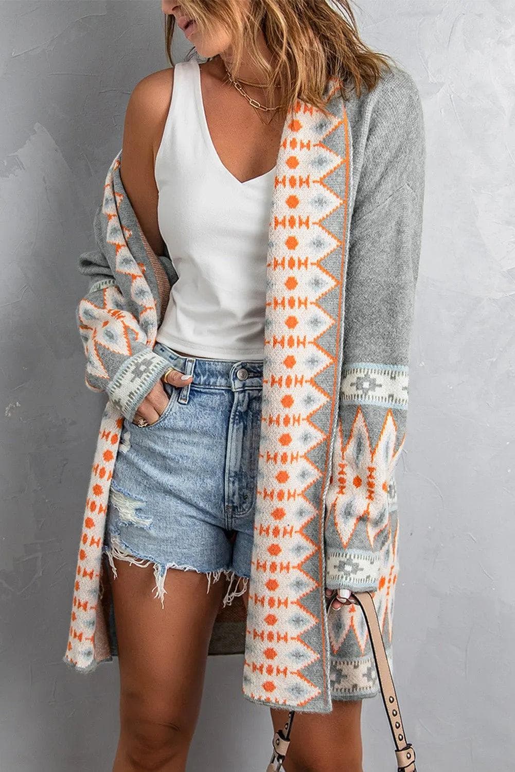 Cardigan Grey Aztec Print Western Duster Cardigan