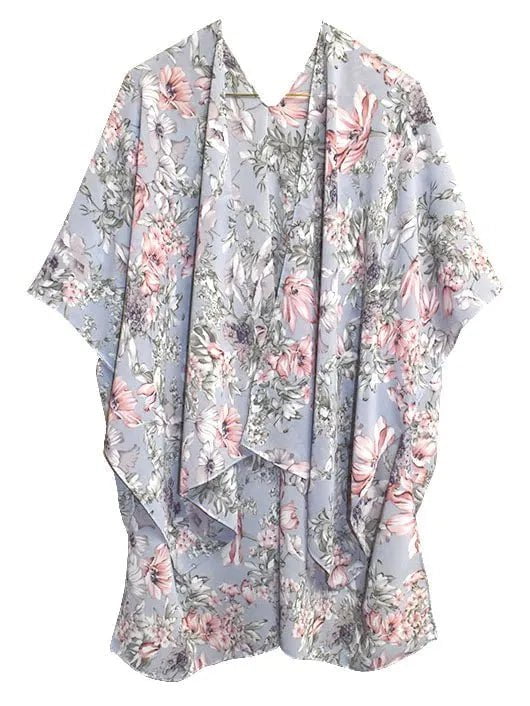 Grey / Pink Floral Short Kimono 29.5" Length