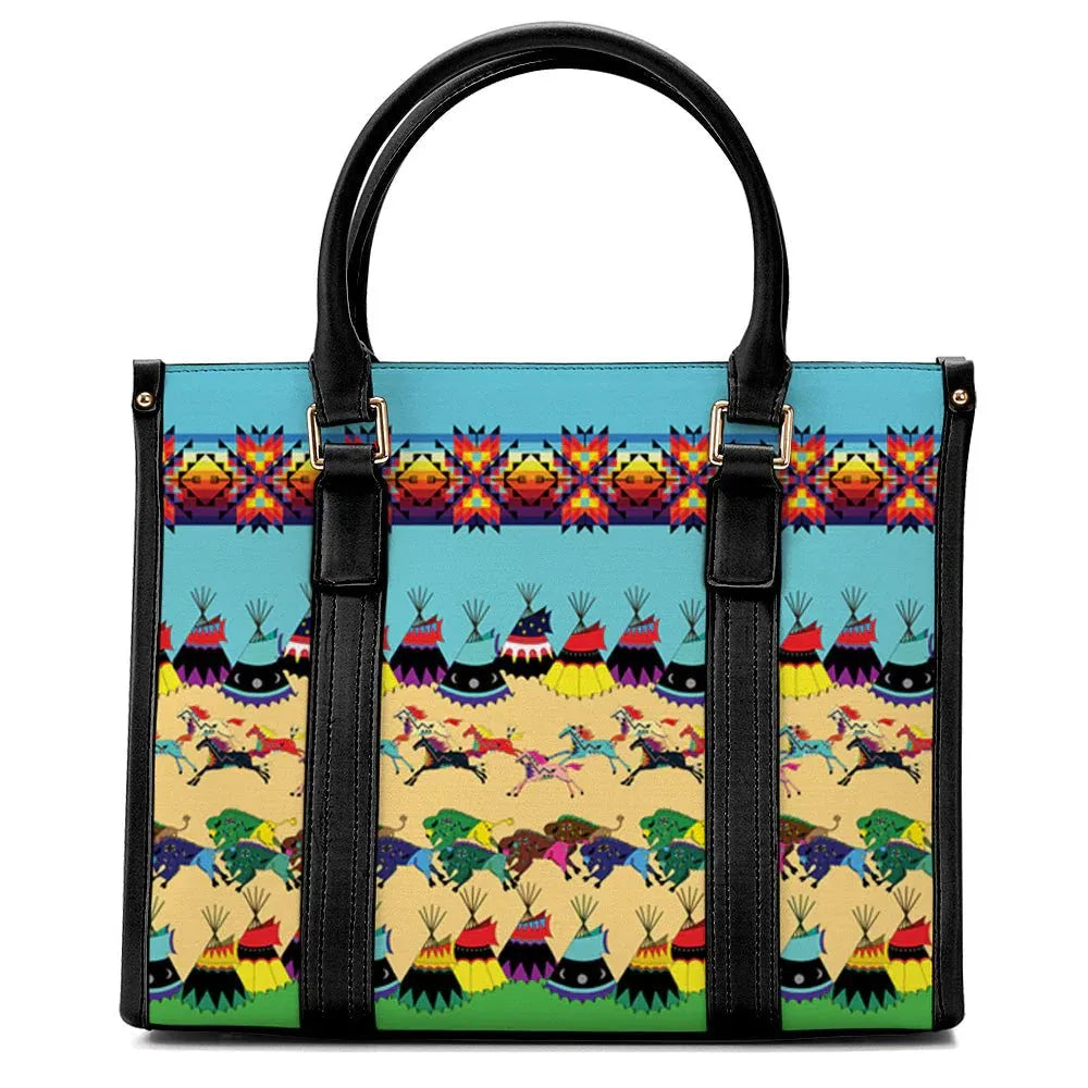 Horses and Buffalo Ledger Turquoise Hand or Shoulder Bag - Chic Meadow Boutique 