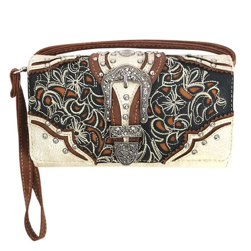 Justin West Stone Buckle Rhinestone Western Floral Wallet – Beige - Chic Meadow Boutique 