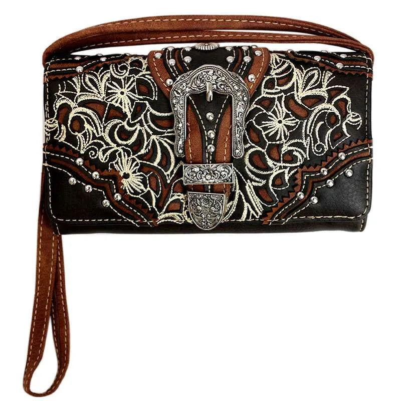 Justin West Stone Buckle Rhinestone Western Floral Wallet – Brown - Chic Meadow Boutique 