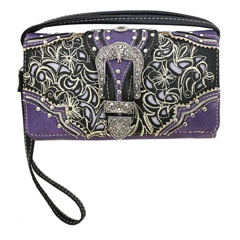 Justin West Stone Buckle Rhinestone Western Floral Wallet – Purple