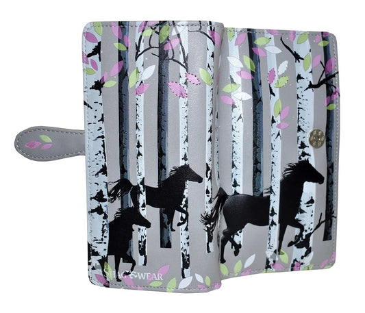 Large Grey Wallet with Forest Horse Design and Zipper