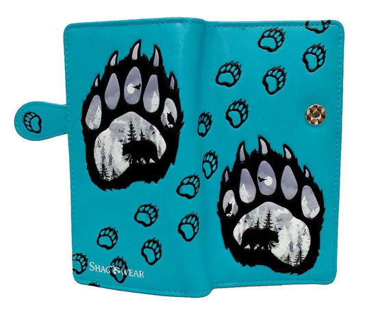 Large Teal Wallet with Bear Paw Scene Design and Zipper