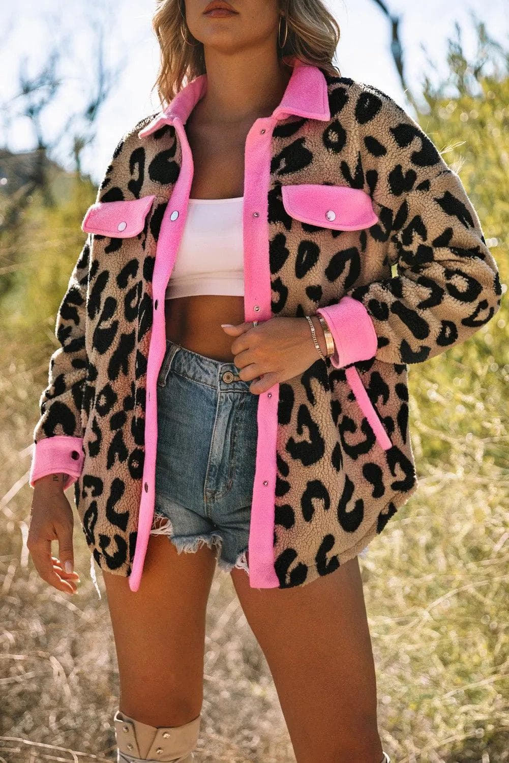 Leopard Contrast Trimmed Leopard Teddy Shacket - Chic Meadow Boutique 