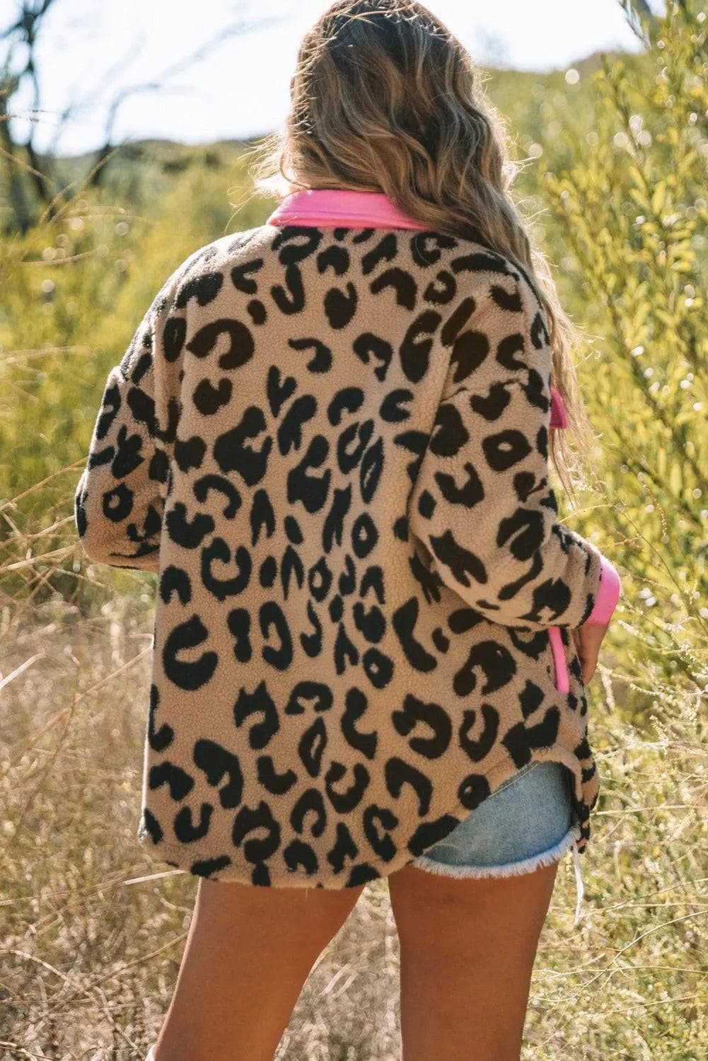 Leopard Contrast Trimmed Leopard Teddy Shacket - Chic Meadow Boutique 