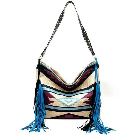 Purse Native Print Large Handbag – Long Fringe On Both side Multi Color Blue