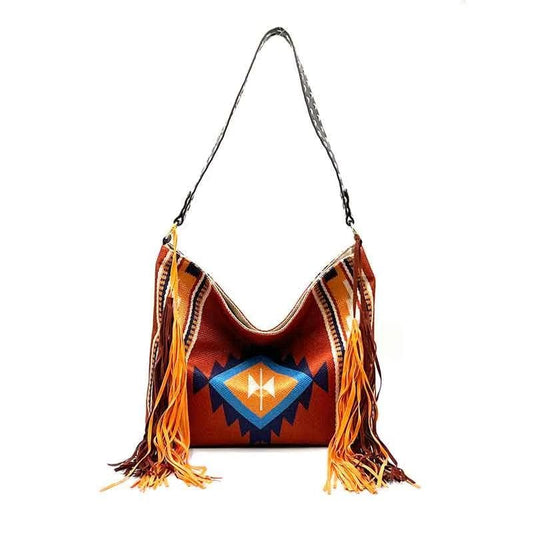 Purse Native Print Large Handbag – Long Fringe On Both side - Multi Color Red