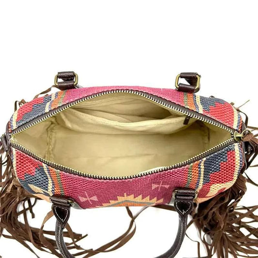 Purse Native Print Large Handbag – Long Fringe On Both side - Multi Color Red