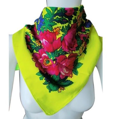 Elegant neon yellow floral scarf with  flower pattern
