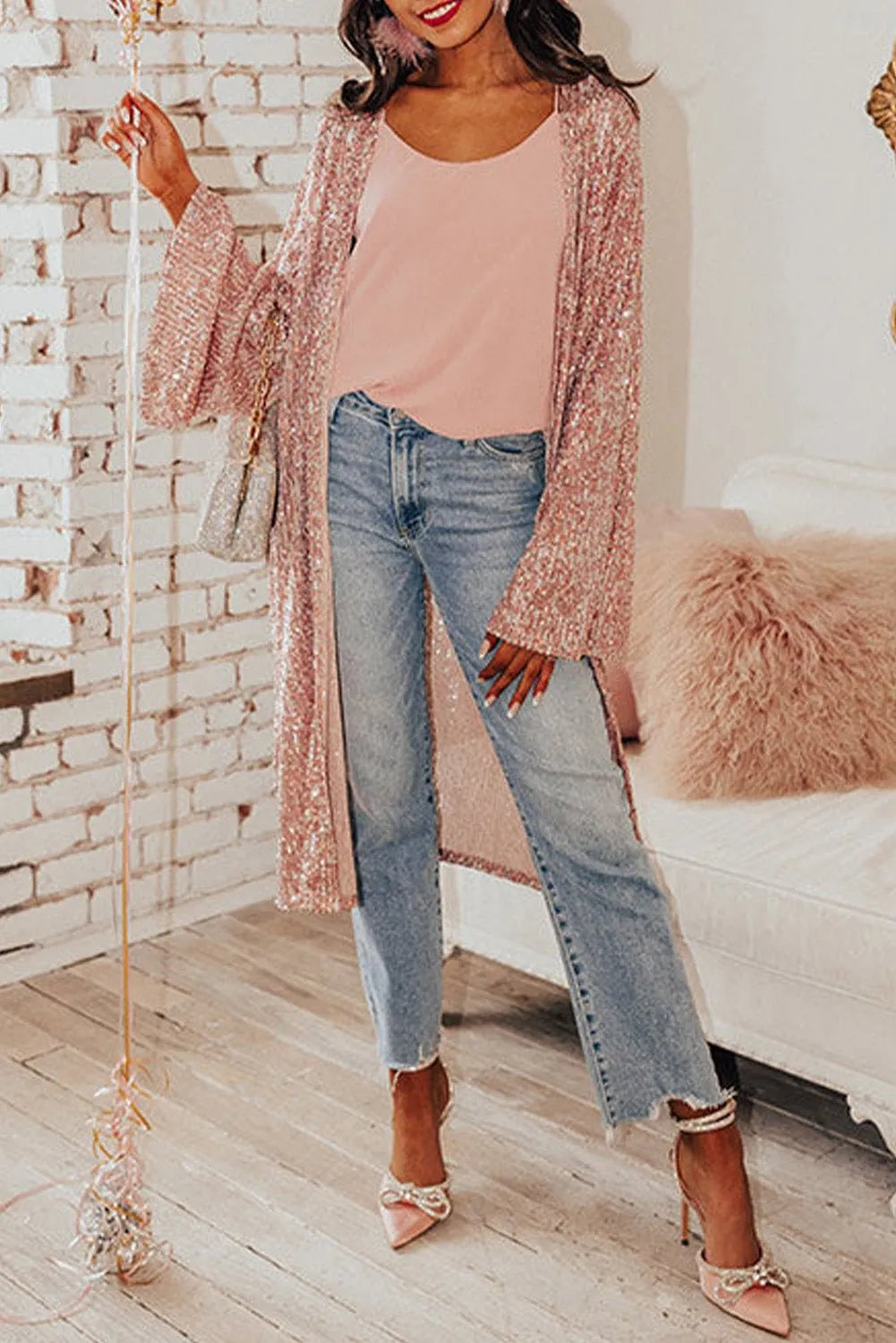 Pink Sequin Flare Sleeve Kimono for a Glamorous Look - Chic Meadow Boutique 