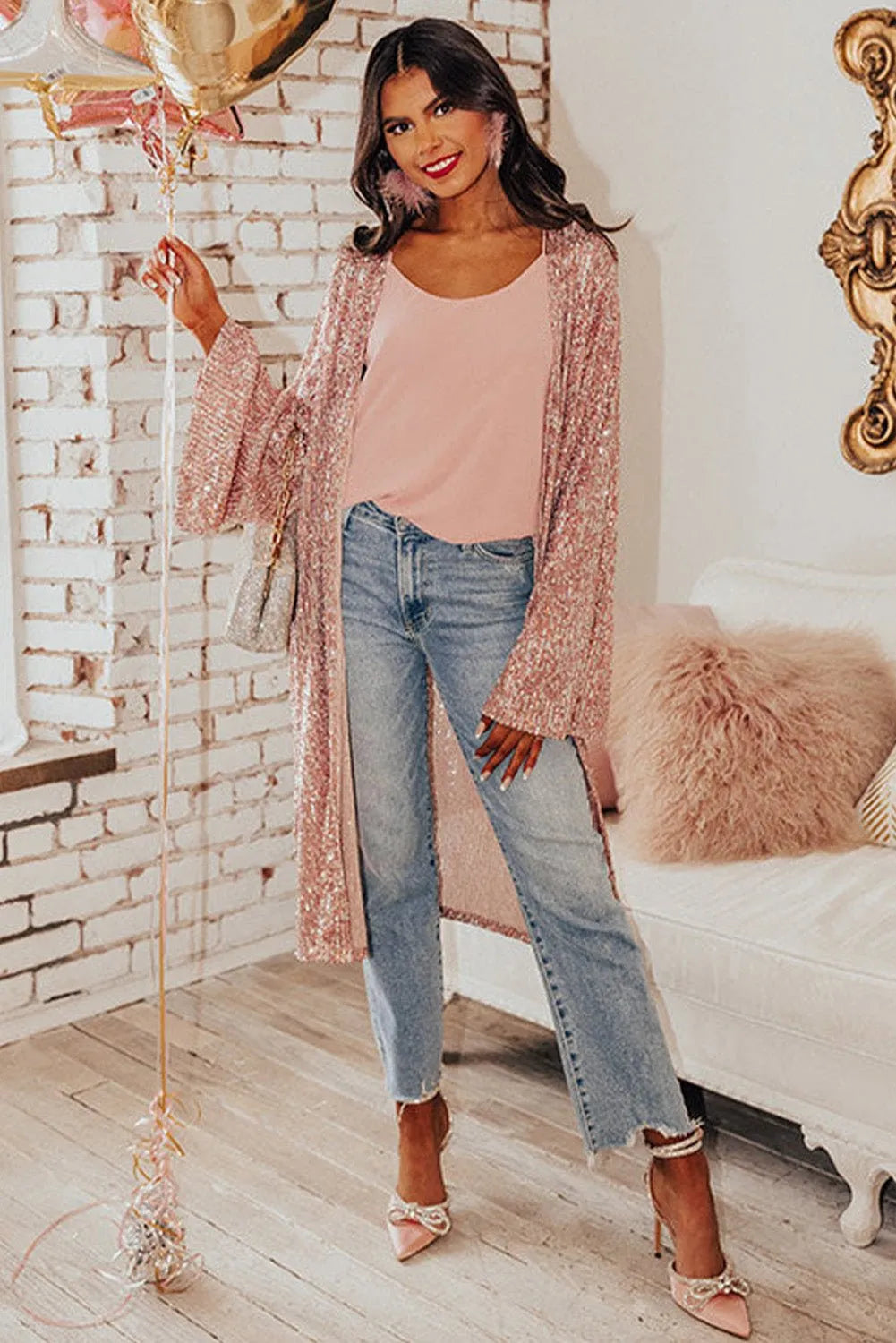 Pink Sequin Flare Sleeve Kimono for a Glamorous Look - Chic Meadow Boutique 