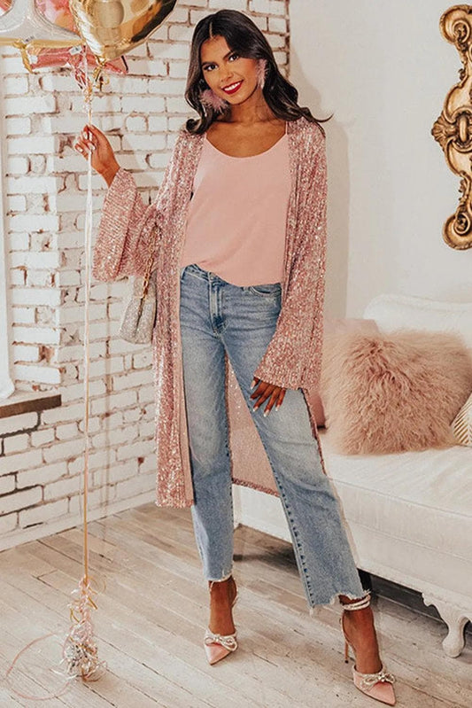 Dress Pink Sequin Flare Sleeve Kimono for a Glamorous Look