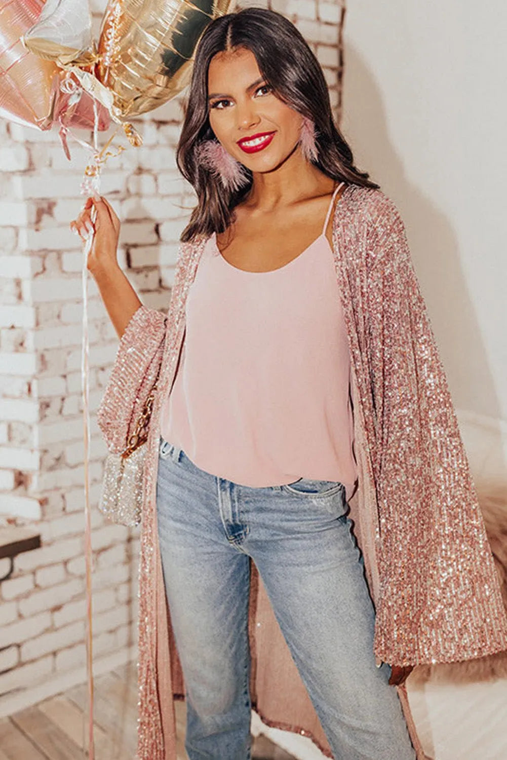 Pink Sequin Flare Sleeve Kimono for a Glamorous Look - Chic Meadow Boutique 