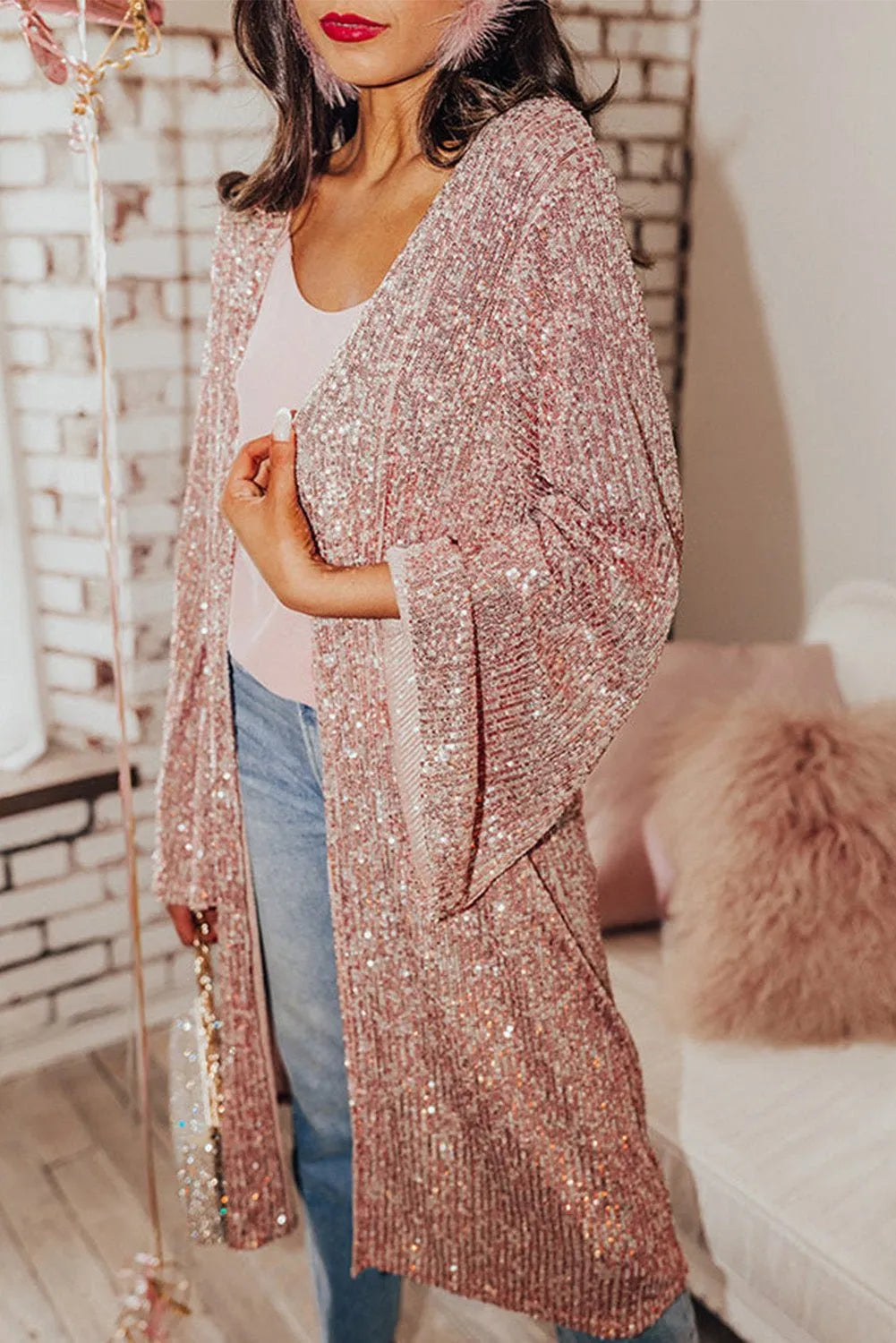 Dress Pink Sequin Flare Sleeve Kimono for a Glamorous Look