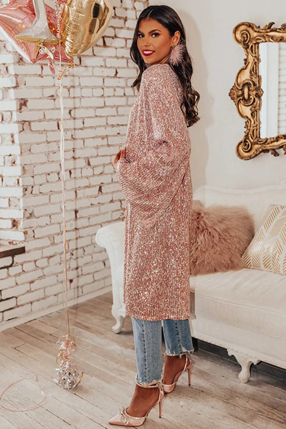 Pink Sequin Flare Sleeve Kimono for a Glamorous Look - Chic Meadow Boutique 